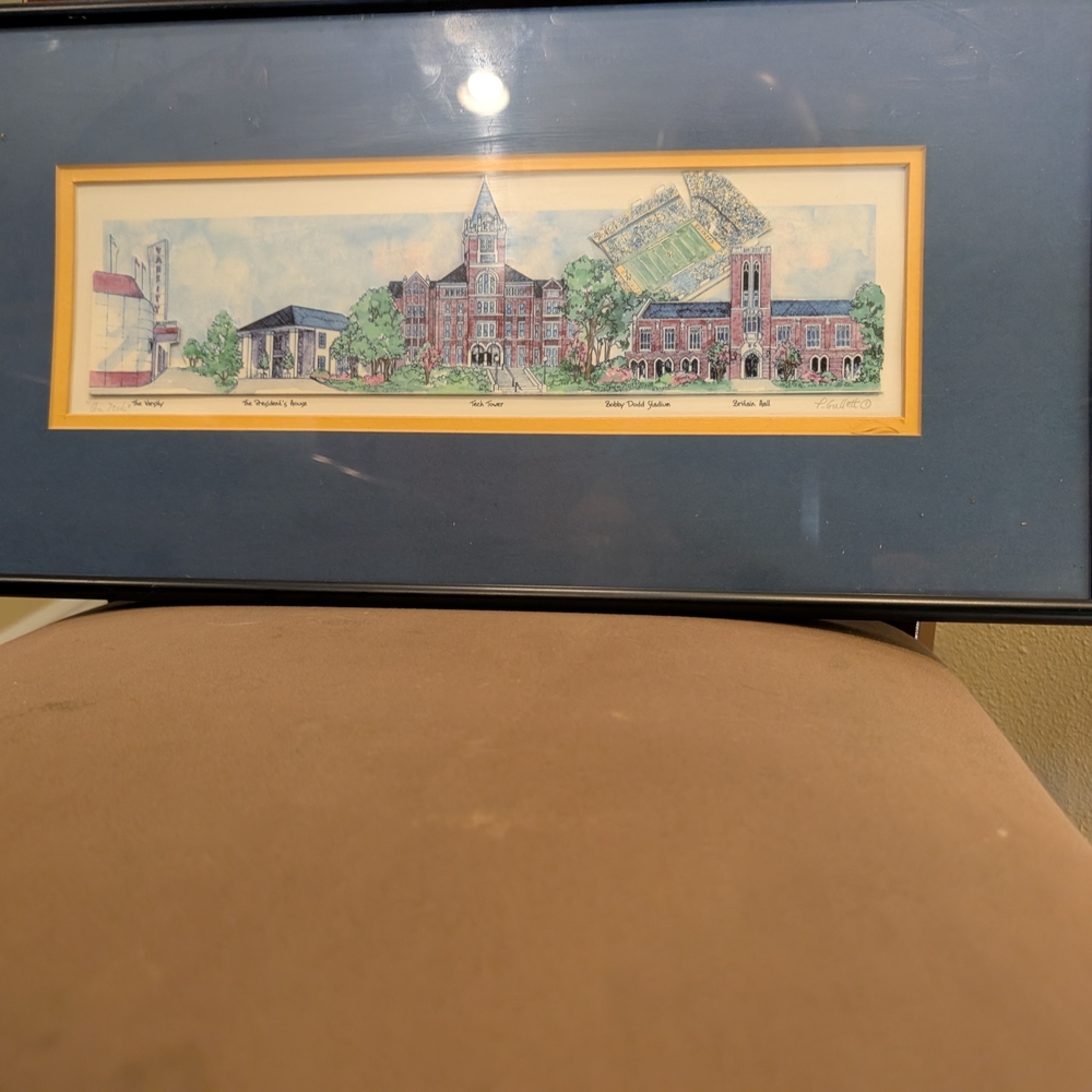 Framed Architectural Illustration with Blue and Tan Accents By P. Gullett.
